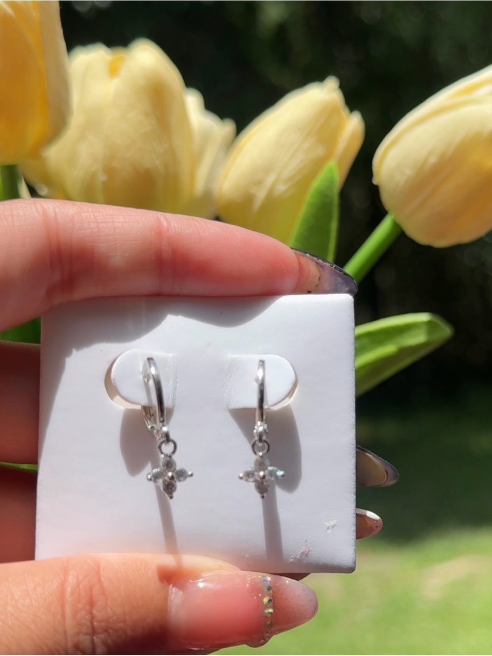 Silver Crystal Cross Drop Earrings - White